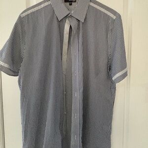 Murano Blue and White Vertical Stripe Short Sleeve Button-Down Shirt